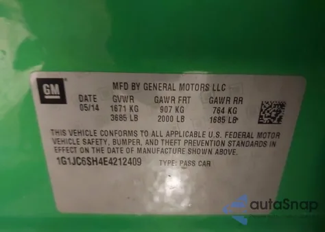 2014 Chevrolet Sonic Lt Auto из США, поврежденный, VIN 1G1JC6SH4E4212409